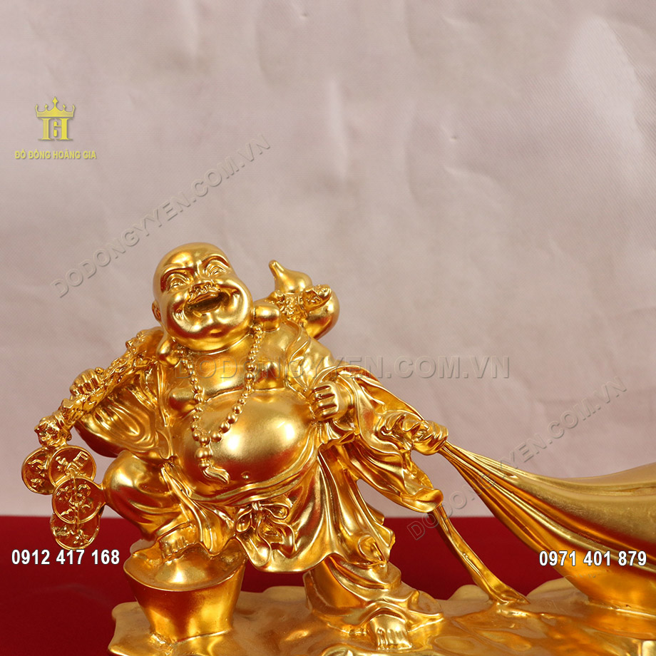 Tượng đồng Phật Di Lặc k&eacute;o bao tiền d&aacute;t v&agrave;ng 24K